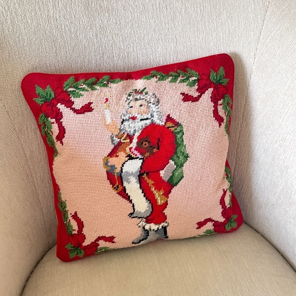 Handmade Needlepoint pillow santa claus St. Nick christmas velvet square bows